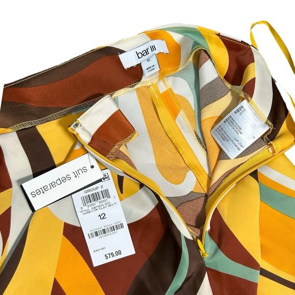 NWT Bar III Skirt Sz 12 Retro Satin Swirl Midi Skirt Yellow Brown Teal Abstract - Picture 4 of 9